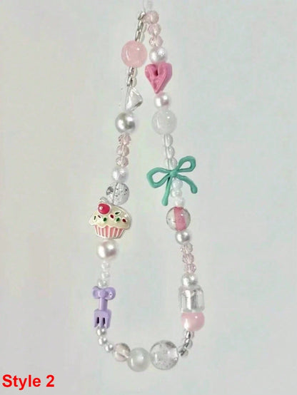 1pc Summer Shiny Crystal Pearl Bow Bracelet, Cute Bowknot Phone Strap, Camera Lanyard, Keychain, Elegant Ceramic Pearl Bracelet, Girly Phone Lanyard, Keychain, Earphone Cord, Tulip Pearl Colorful Bead
