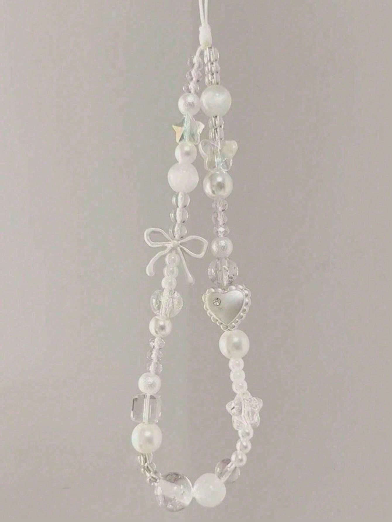1pc Summer Shiny Crystal Pearl Bow Bracelet, Cute Bowknot Phone Strap, Camera Lanyard, Keychain, Elegant Ceramic Pearl Bracelet, Girly Phone Lanyard, Keychain, Earphone Cord, Tulip Pearl Colorful Bead