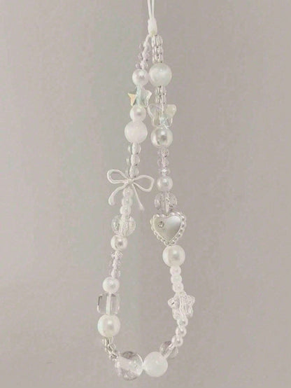 1pc Summer Shiny Crystal Pearl Bow Bracelet, Cute Bowknot Phone Strap, Camera Lanyard, Keychain, Elegant Ceramic Pearl Bracelet, Girly Phone Lanyard, Keychain, Earphone Cord, Tulip Pearl Colorful Bead