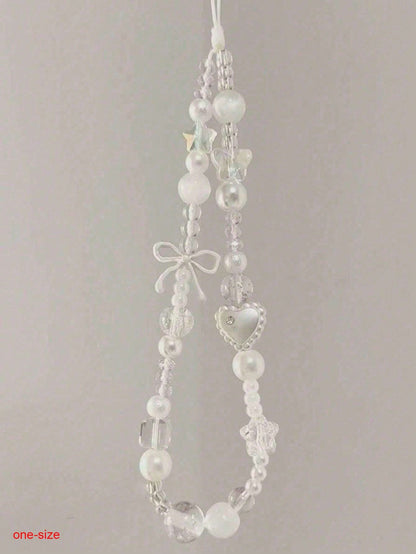 1pc Summer Shiny Crystal Pearl Bow Bracelet, Cute Bowknot Phone Strap, Camera Lanyard, Keychain, Elegant Ceramic Pearl Bracelet, Girly Phone Lanyard, Keychain, Earphone Cord, Tulip Pearl Colorful Bead