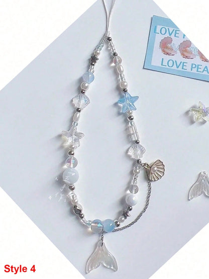 1pc Summer Shiny Crystal Pearl Bow Bracelet, Cute Bowknot Phone Strap, Camera Lanyard, Keychain, Elegant Ceramic Pearl Bracelet, Girly Phone Lanyard, Keychain, Earphone Cord, Tulip Pearl Colorful Bead