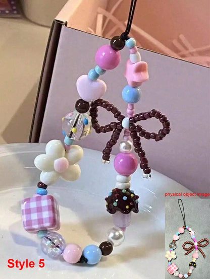 1pc Summer Shiny Crystal Pearl Bow Bracelet, Cute Bowknot Phone Strap, Camera Lanyard, Keychain, Elegant Ceramic Pearl Bracelet, Girly Phone Lanyard, Keychain, Earphone Cord, Tulip Pearl Colorful Bead