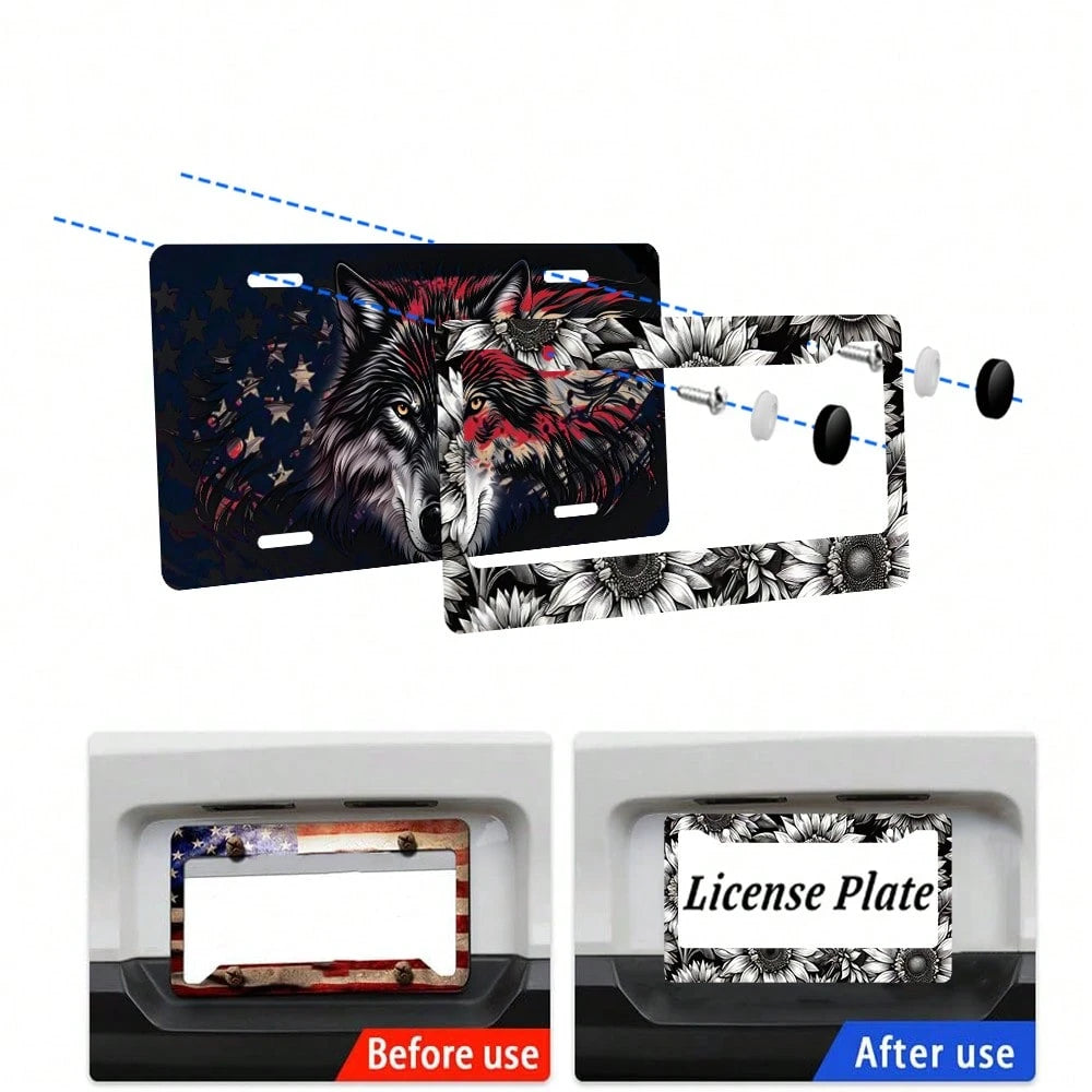 1PC Sunflower License Plate Frame Personalized Black White Floral License Plate Frames Auto Accessory Bracket License Plate Holder With Screws Women Men 6x12 Inch 2 Holes