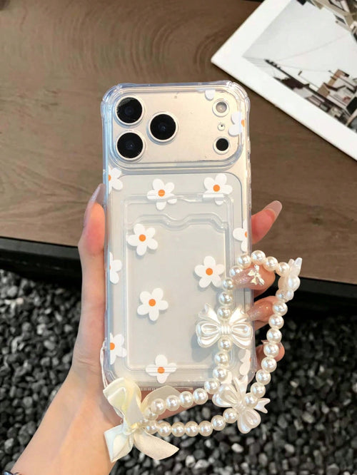 1pc Transparent TPU Card Slot Full Coverage Anti-Drop Phone Case, White Floral Pattern, Four-Corner Airbag Shock Absorption, Full Lens Protection, Matching Pearl Bow Wrist Strap, Phone Lanyard, Girly