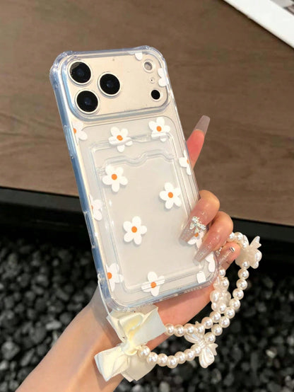 1pc Transparent TPU Card Slot Full Coverage Anti-Drop Phone Case, White Floral Pattern, Four-Corner Airbag Shock Absorption, Full Lens Protection, Matching Pearl Bow Wrist Strap, Phone Lanyard, Girly