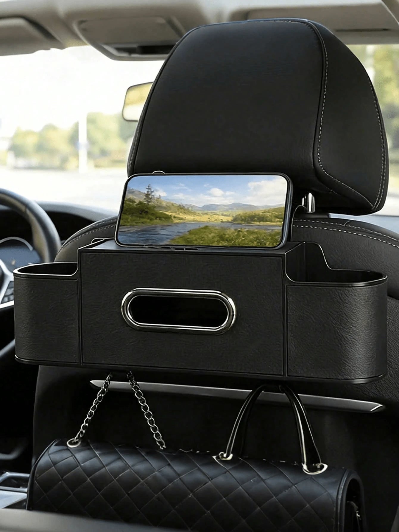 1Pc Two-Tier Car Seat Back Organizer In Black & Gray. With Cup Holders And Tissue Pocket, Sturdy & Durable. Easy To Hang, Saves Space, Universal For Most Cars.
