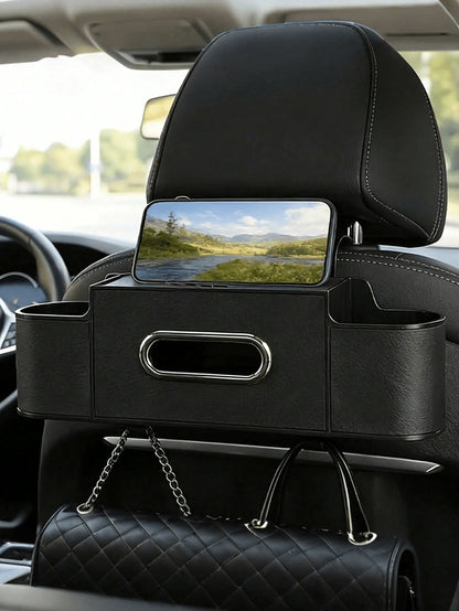 1Pc Two-Tier Car Seat Back Organizer In Black & Gray. With Cup Holders And Tissue Pocket, Sturdy & Durable. Easy To Hang, Saves Space, Universal For Most Cars.