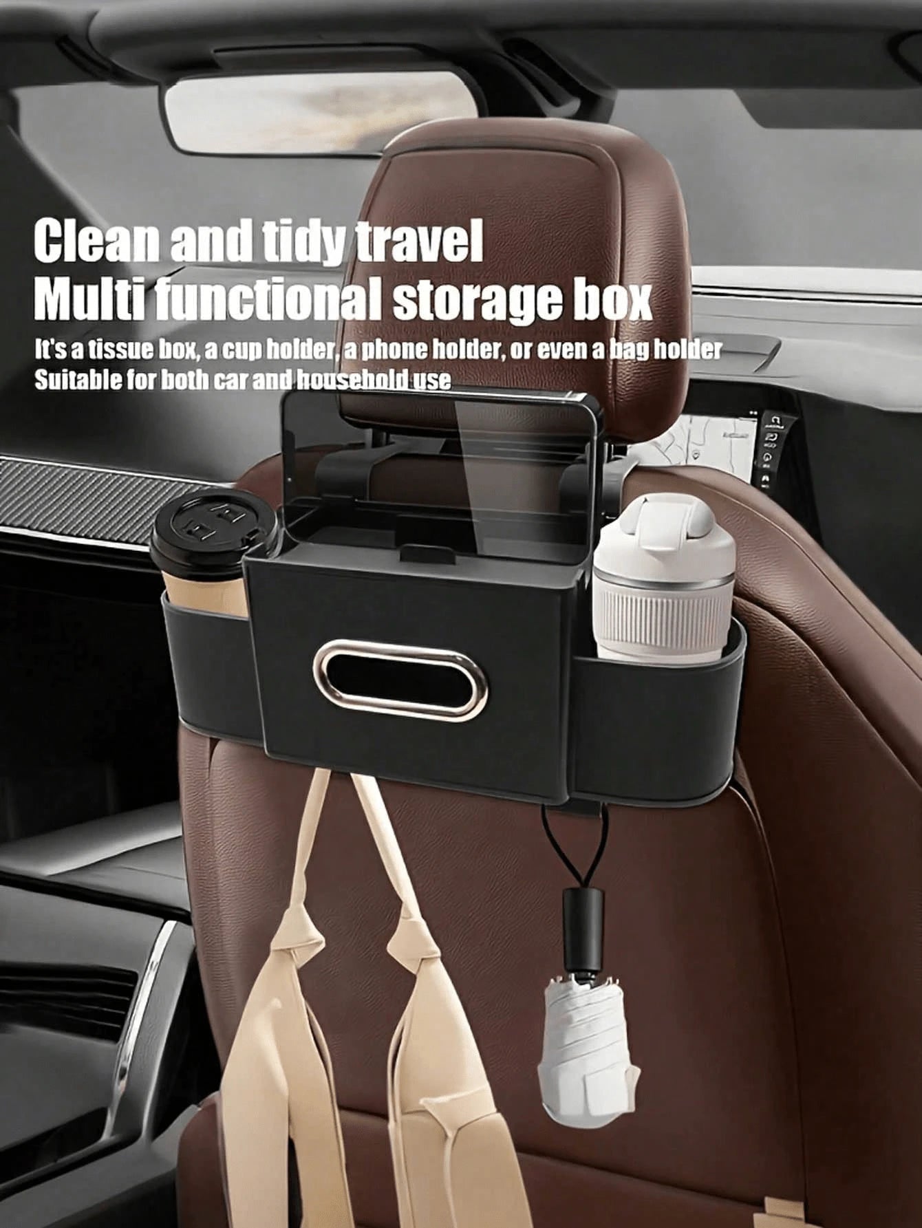 1Pc Two-Tier Car Seat Back Organizer In Black & Gray. With Cup Holders And Tissue Pocket, Sturdy & Durable. Easy To Hang, Saves Space, Universal For Most Cars.