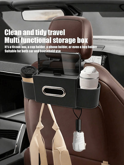 1Pc Two-Tier Car Seat Back Organizer In Black & Gray. With Cup Holders And Tissue Pocket, Sturdy & Durable. Easy To Hang, Saves Space, Universal For Most Cars.