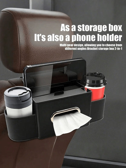 1Pc Two-Tier Car Seat Back Organizer In Black & Gray. With Cup Holders And Tissue Pocket, Sturdy & Durable. Easy To Hang, Saves Space, Universal For Most Cars.