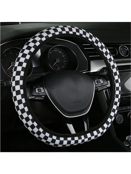 1pc Universal Car Steering Wheel Cover, Four Seasons Breathable Sweat-Proof Anti-Slip Cute Cartoon Checker Checkerboard Color Splicing Web Celebrity Car Handle Cover, Good Touch, Four Seasons Universa