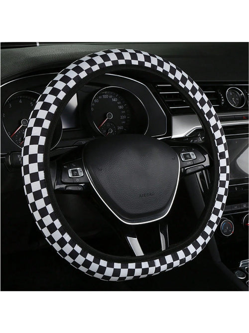 1pc Universal Car Steering Wheel Cover, Four Seasons Breathable Sweat-Proof Anti-Slip Cute Cartoon Checker Checkerboard Color Splicing Web Celebrity Car Handle Cover, Good Touch, Four Seasons Universa