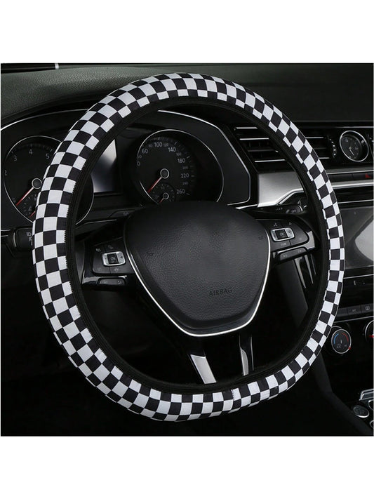1pc Universal Car Steering Wheel Cover, Four Seasons Breathable Sweat-Proof Anti-Slip Cute Cartoon Checker Checkerboard Color Splicing Web Celebrity Car Handle Cover, Good Touch, Four Seasons Universa
