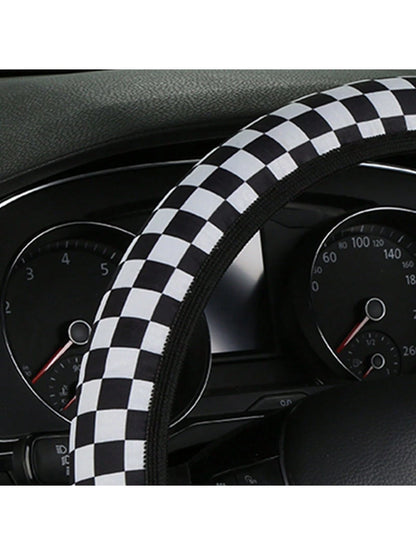 1pc Universal Car Steering Wheel Cover, Four Seasons Breathable Sweat-Proof Anti-Slip Cute Cartoon Checker Checkerboard Color Splicing Web Celebrity Car Handle Cover, Good Touch, Four Seasons Universa