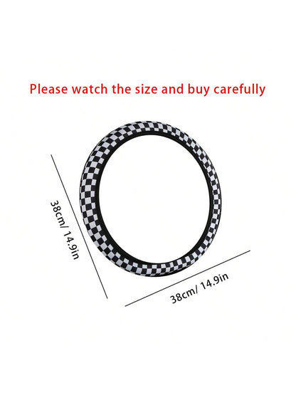 1pc Universal Car Steering Wheel Cover, Four Seasons Breathable Sweat-Proof Anti-Slip Cute Cartoon Checker Checkerboard Color Splicing Web Celebrity Car Handle Cover, Good Touch, Four Seasons Universa