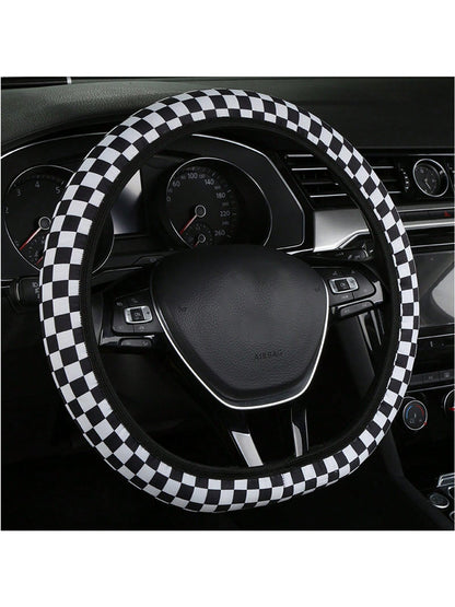 1pc Universal Car Steering Wheel Cover, Four Seasons Breathable Sweat-Proof Anti-Slip Cute Cartoon Checker Checkerboard Color Splicing Web Celebrity Car Handle Cover, Good Touch, Four Seasons Universa