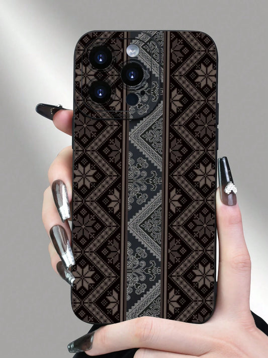 1pc Vintage Brown Tone Printed 2D Pattern Creative High-End Simple Cartoon Portrait Style Gift For Elders, Friends, Family, Couples, Birthday, Festivals, Matte Black Soft Case Compatible With IPhone 1