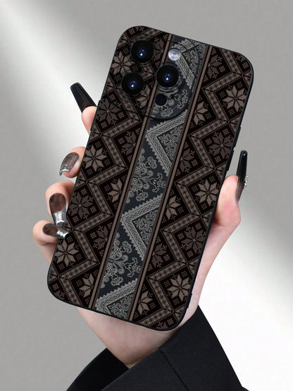 1pc Vintage Brown Tone Printed 2D Pattern Creative High-End Simple Cartoon Portrait Style Gift For Elders, Friends, Family, Couples, Birthday, Festivals, Matte Black Soft Case Compatible With IPhone 1