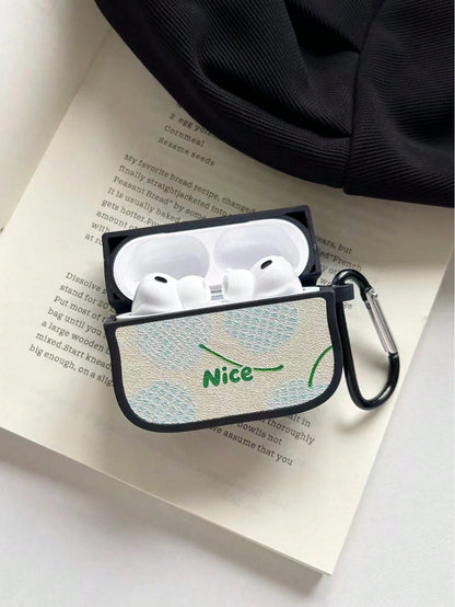 1pc Wavy Edge Leather Texture Earphone Protective Case, Light Blue Floral & "Nice" Letter Print, Black Metal Carabiner Hook, Soft TPU Full Coverage Shockproof Protective Cover, Compatible With AirPods