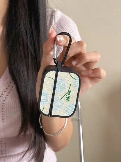 1pc Wavy Edge Leather Texture Earphone Protective Case, Light Blue Floral & "Nice" Letter Print, Black Metal Carabiner Hook, Soft TPU Full Coverage Shockproof Protective Cover, Compatible With AirPods
