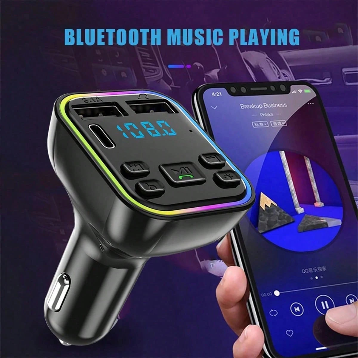 1pc Wireless 5.0 Bluetooth FM Transmitter MP3/ USB/ TYPE- C/ PD Charger Adapter
