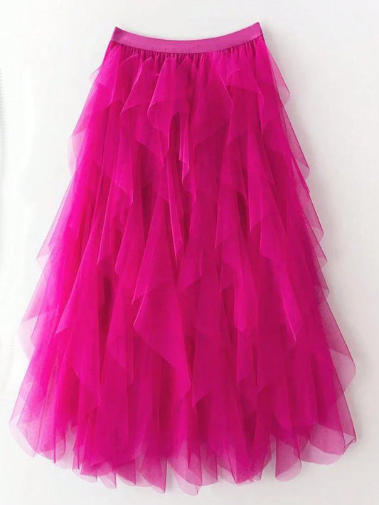1pc Women Asymmetrical Wavy Layer Cake Skirt, Mesh Fluffy Skirt Spring