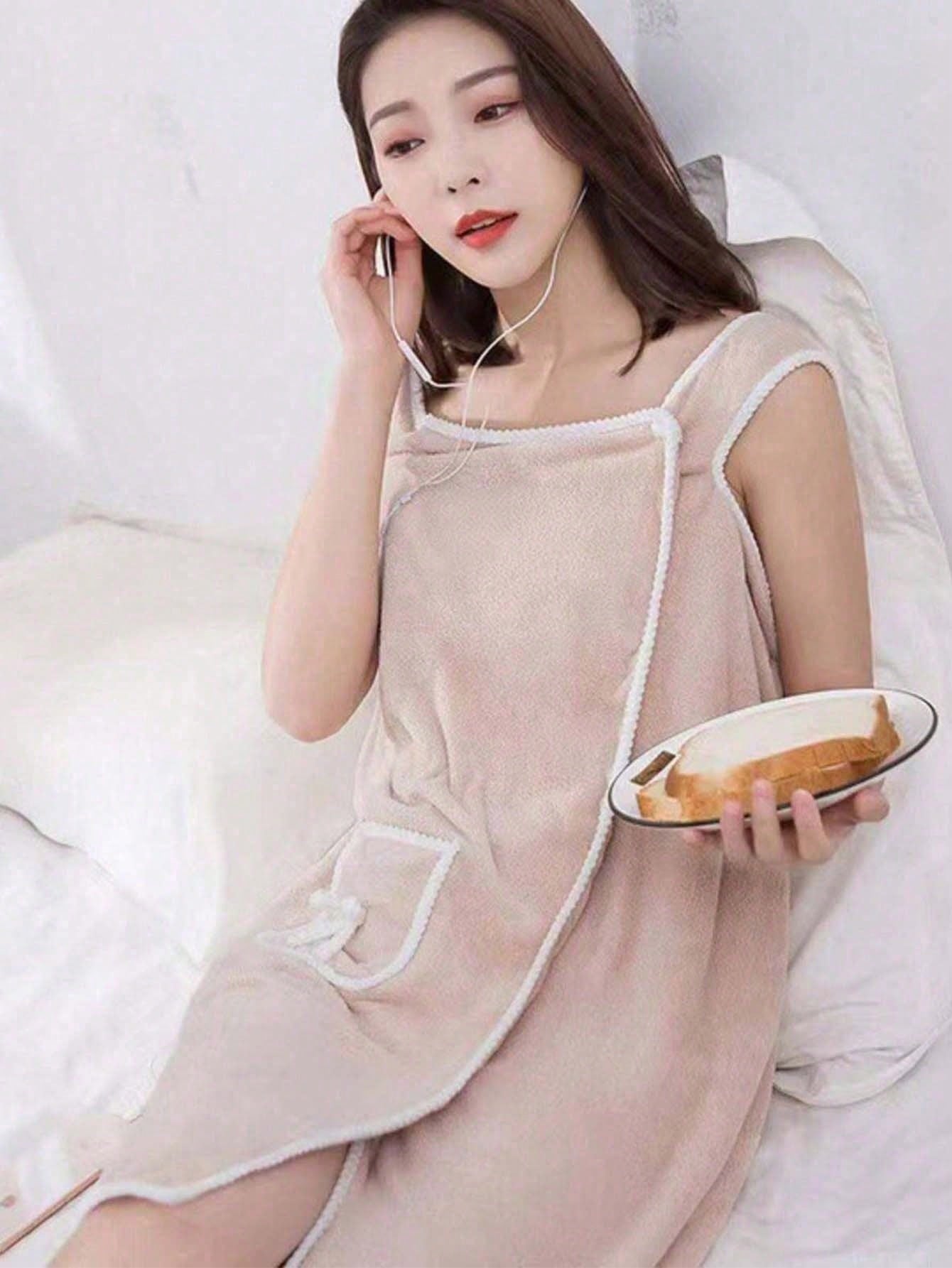 1pc Women's Bath Towel (Size: 80cm*130cm), Quick Dry Bathrobe, Beach Robe, Spa Robe, Perfect For Women. Soft Coral Fleece Bath Towel With Pockets, Adjustable Bathrobe, Essential For Bathroom, Beach, S