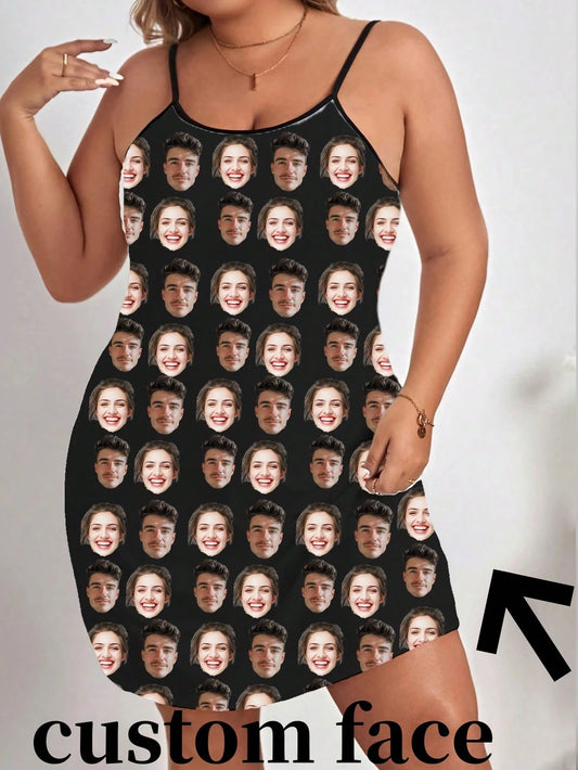 1pc Women's Black Customized Couple Face Print Soft Spaghetti Strap Nightgown, Home Sleepwear Holiday Gift