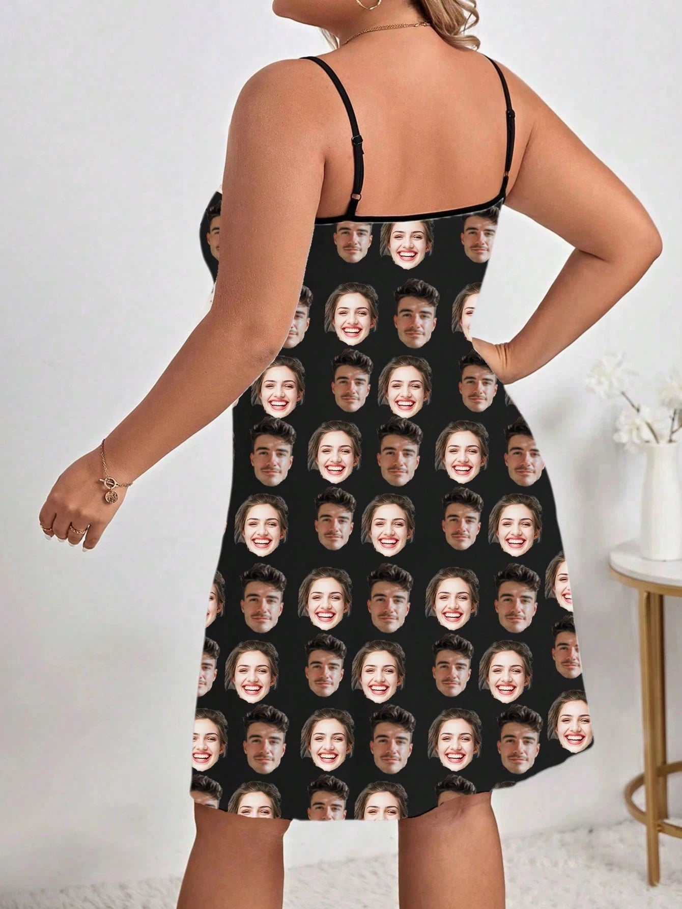 1pc Women's Black Customized Couple Face Print Soft Spaghetti Strap Nightgown, Home Sleepwear Holiday Gift