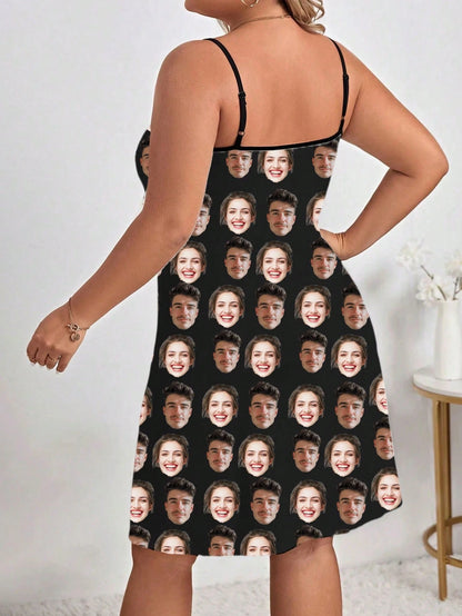 1pc Women's Black Customized Couple Face Print Soft Spaghetti Strap Nightgown, Home Sleepwear Holiday Gift