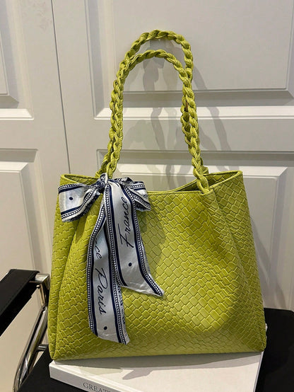 1pc Women's Casual Commute Tote Bag, Large Capacity, 2025 New Solid Color Minimalist Design, Versatile Shoulder Bag, Unique Embossed Pattern, Comfortable Strap, Suitable For University, Shopping, Outi