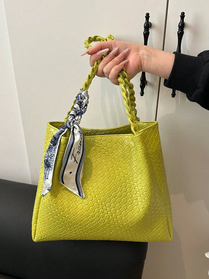 1pc Women's Casual Commute Tote Bag, Large Capacity, 2025 New Solid Color Minimalist Design, Versatile Shoulder Bag, Unique Embossed Pattern, Comfortable Strap, Suitable For University, Shopping, Outi
