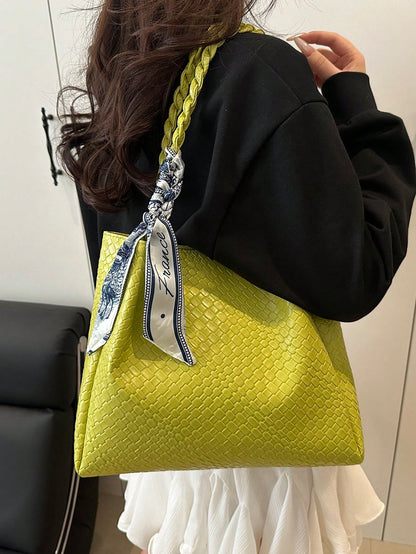 1pc Women's Casual Commute Tote Bag, Large Capacity, 2025 New Solid Color Minimalist Design, Versatile Shoulder Bag, Unique Embossed Pattern, Comfortable Strap, Suitable For University, Shopping, Outi