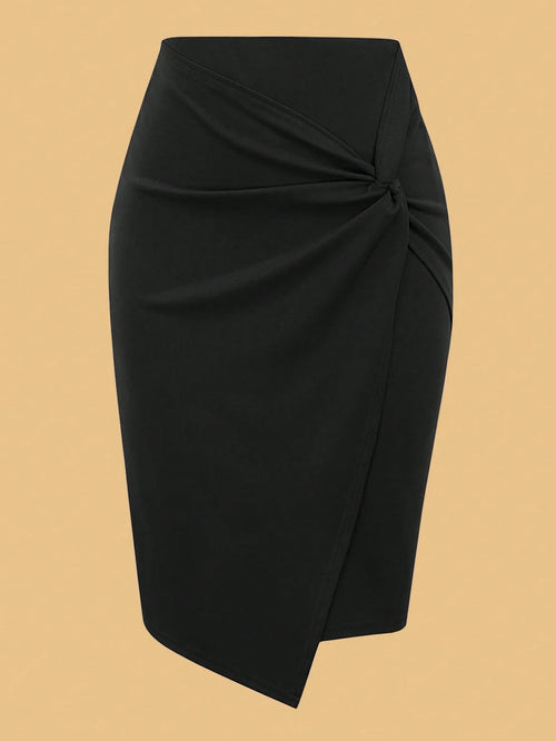 1pc Women's Elegant Commute Fashion Summer Solid Color Pencil Skirt, Commute Wear, Knot Decor, Polyester Material Black