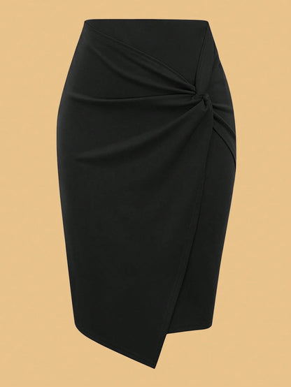 1pc Women's Elegant Commute Fashion Summer Solid Color Pencil Skirt, Commute Wear, Knot Decor, Polyester Material Black