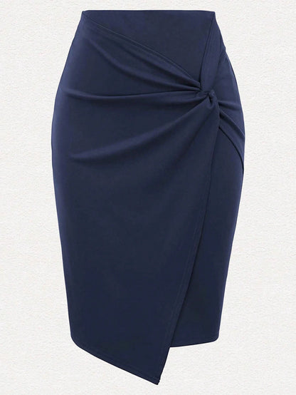 1pc Women's Elegant Commute Fashion Summer Solid Color Pencil Skirt, Commute Wear, Knot Decor, Polyester Material Black