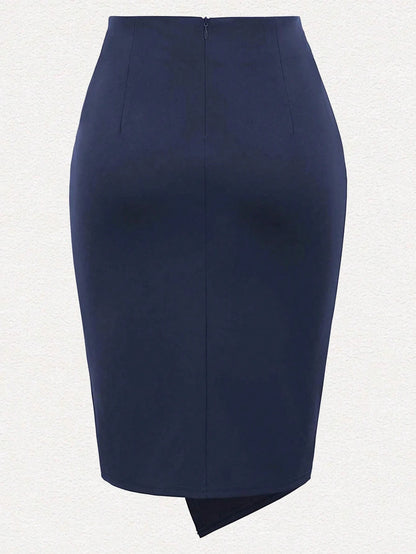 1pc Women's Elegant Commute Fashion Summer Solid Color Pencil Skirt, Commute Wear, Knot Decor, Polyester Material Black