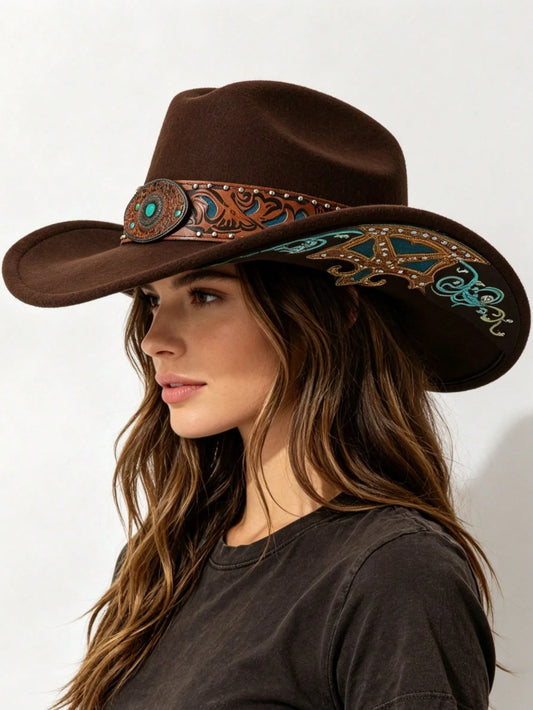 1pc Women's Fashion New Style Hat With Rivet & Embroidery Trim, European & American Style Western Cowboy Hat, Unisex Jazz Hat, Suitable For Party, Western Theme Event, Gathering, Cosplay, Graduation C