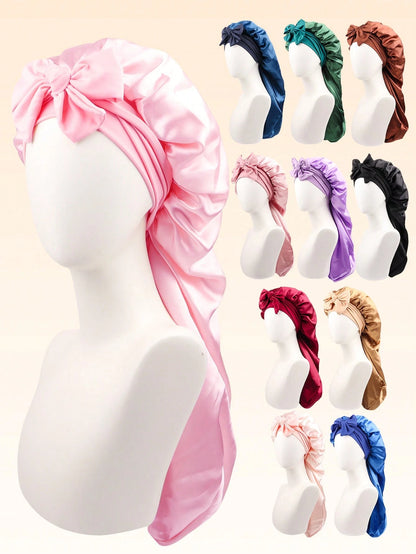 1pc Women's Long Satin Imitation Silk Bow Sleep Cap, Large Size Braid Curly Hair Sleeping Hat, Suitable For Sleeping & Daily Beauty Use Sleep Bonnet