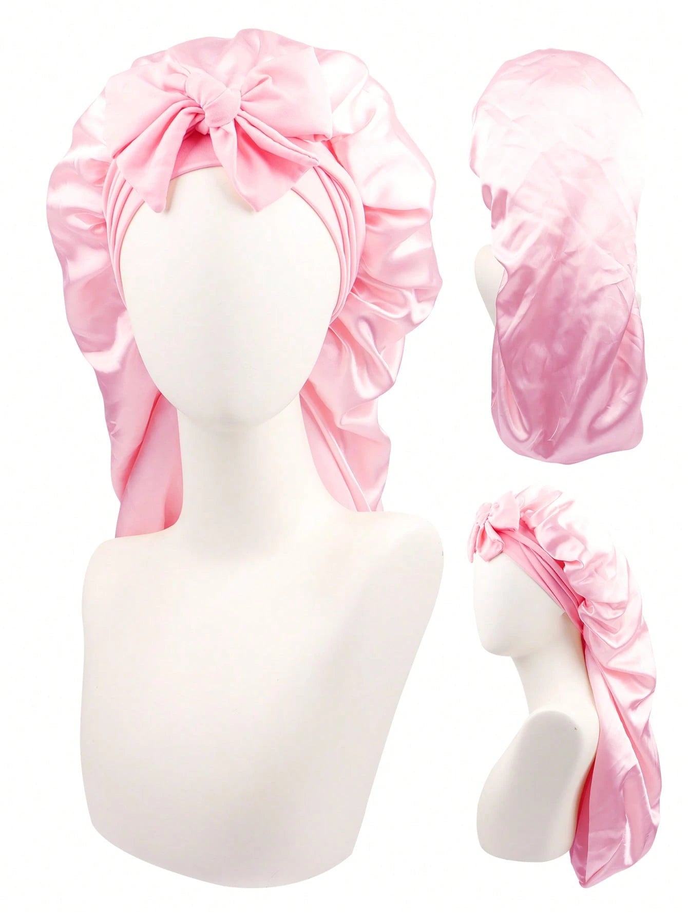 1pc Women's Long Satin Imitation Silk Bow Sleep Cap, Large Size Braid Curly Hair Sleeping Hat, Suitable For Sleeping & Daily Beauty Use Sleep Bonnet