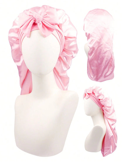 1pc Women's Long Satin Imitation Silk Bow Sleep Cap, Large Size Braid Curly Hair Sleeping Hat, Suitable For Sleeping & Daily Beauty Use Sleep Bonnet