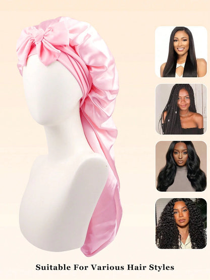 1pc Women's Long Satin Imitation Silk Bow Sleep Cap, Large Size Braid Curly Hair Sleeping Hat, Suitable For Sleeping & Daily Beauty Use Sleep Bonnet
