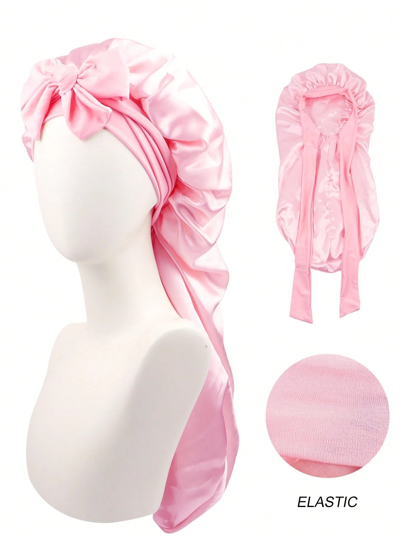 1pc Women's Long Satin Imitation Silk Bow Sleep Cap, Large Size Braid Curly Hair Sleeping Hat, Suitable For Sleeping & Daily Beauty Use Sleep Bonnet