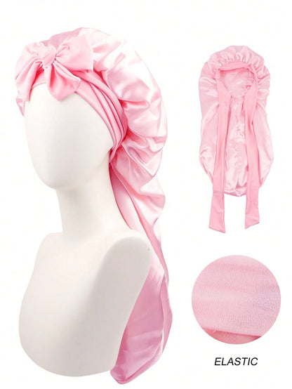 1pc Women's Long Satin Imitation Silk Bow Sleep Cap, Large Size Braid Curly Hair Sleeping Hat, Suitable For Sleeping & Daily Beauty Use Sleep Bonnet