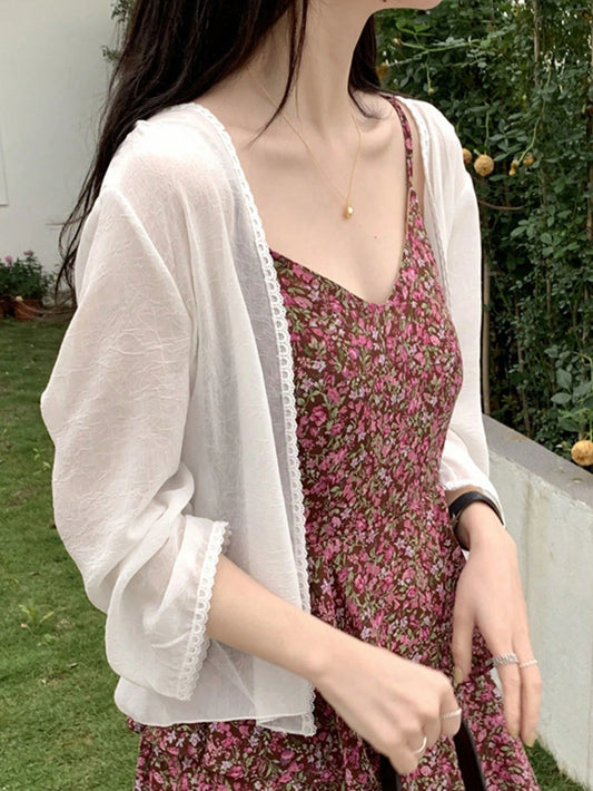 1pc Women's Shawl Uv-Proof Thin Long-Sleeved Chiffon Cardigan, Can Be Worn Over Dress, French Style Sweet Cardigan Accessories Women Valentine's Day
