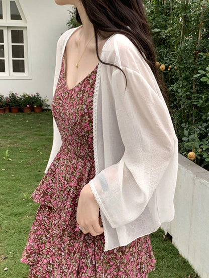 1pc Women's Shawl Uv-Proof Thin Long-Sleeved Chiffon Cardigan, Can Be Worn Over Dress, French Style Sweet Cardigan Accessories Women Valentine's Day