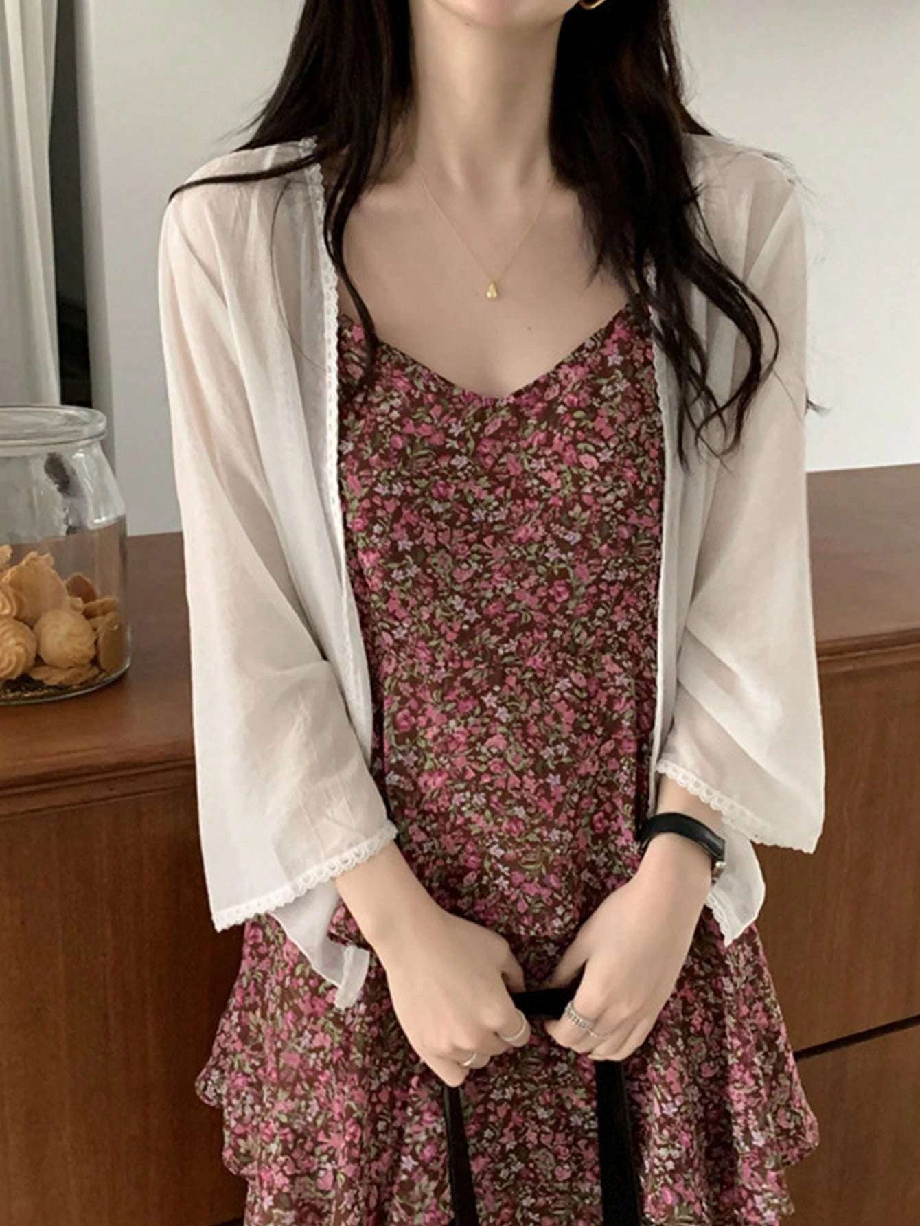 1pc Women's Shawl Uv-Proof Thin Long-Sleeved Chiffon Cardigan, Can Be Worn Over Dress, French Style Sweet Cardigan Accessories Women Valentine's Day