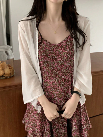 1pc Women's Shawl Uv-Proof Thin Long-Sleeved Chiffon Cardigan, Can Be Worn Over Dress, French Style Sweet Cardigan Accessories Women Valentine's Day