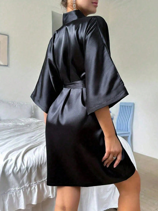 1PC Women's Solid Elegant Tie Belt Short Satin Silk Robe Soft Sleepwear For Bride Bridesmaid Homecoming Fall Winter Nightwear Loungewear Bathrobe Holiday Gift Valentine's Day