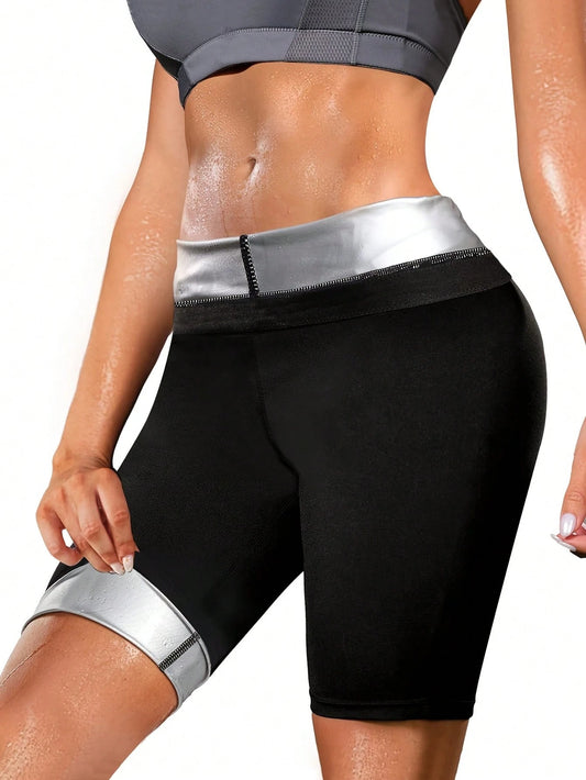 1pc Women's Sweat Shorts, Silver Film Waist & Leg Targeted Sweat Pants, High Elasticity Shaping Fitness Body Shaper Shorts, Waist & Leg Intense Sweating, Women's High Elasticity Sweat Shorts, Silver F